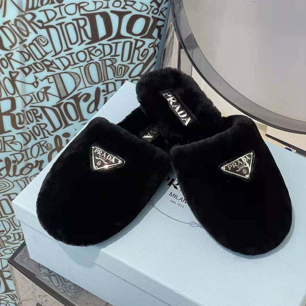 Prada Women Enameled Triangle Logo Accentuates Shearling Sabots