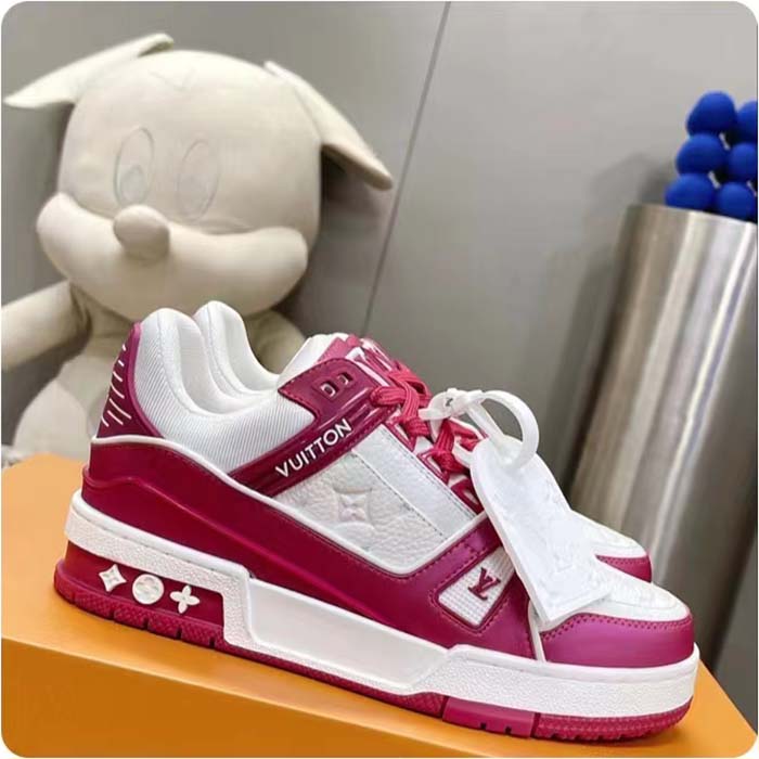 Louis Vuitton Unisex LV Trainer Sneaker Fuchsia Mix Materials Rubber Outsole Initials Monogram Flowers