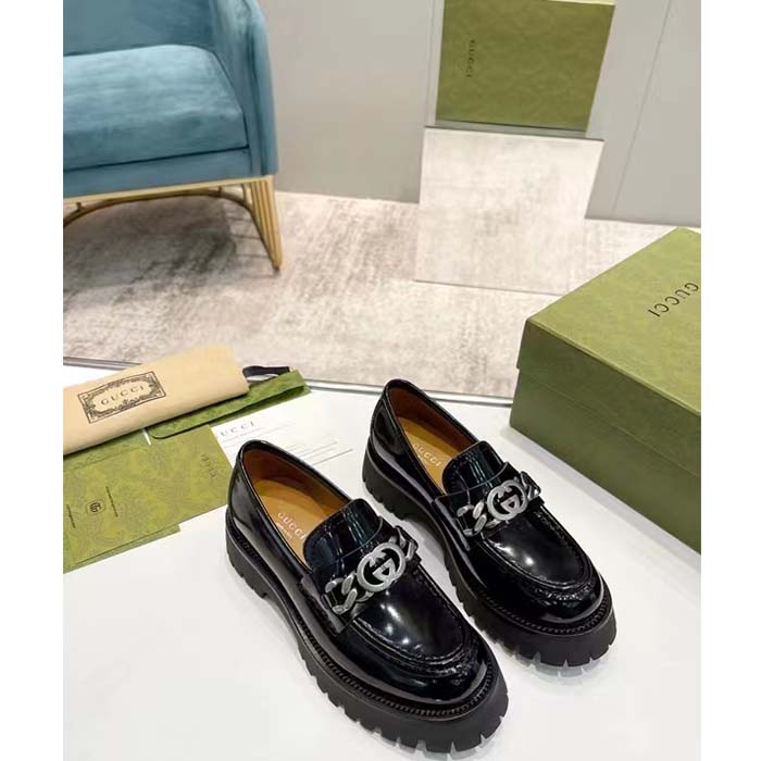 Gucci Unisex GG Loafer Interlocking G Black Leather Rubber Lug Mid 4.3 CM Heel