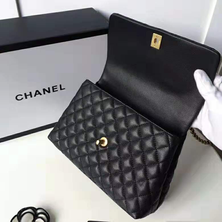 Chanel Women Flap Bag with Top Handle in Grained Calfskin Leather-Black