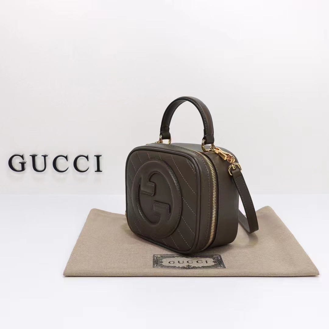 Gucci Women GG Blondie Top Handle Bag Brown Leather Round Interlocking G