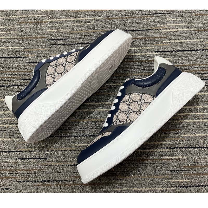 Gucci Unisex GG Sneaker Beige Blue Supreme Canvas Rubber Mid 5.5 Cm Heel