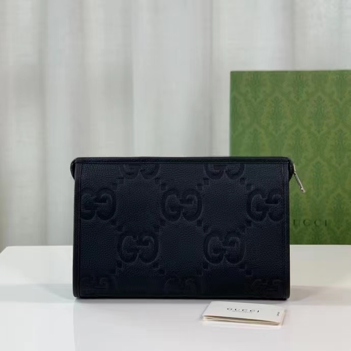 Gucci Unisex Jumbo GG Pouch Black Jumbo GG Leather Zip Closure