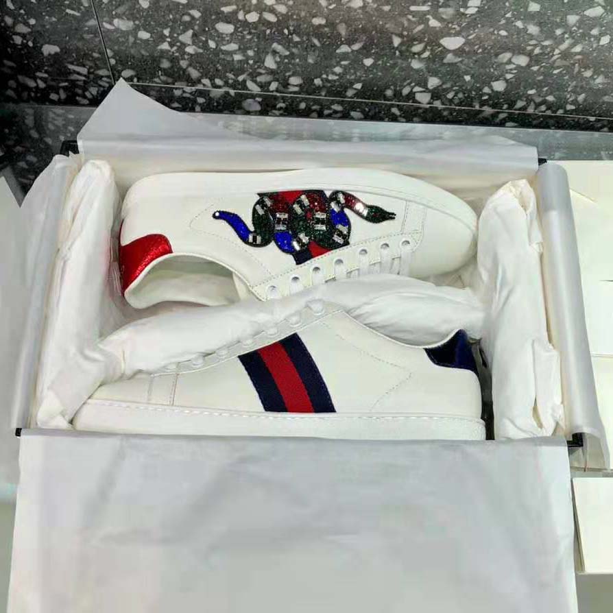 Gucci Women Ace Embroidered Sneaker with Crystal Kingsnake-White