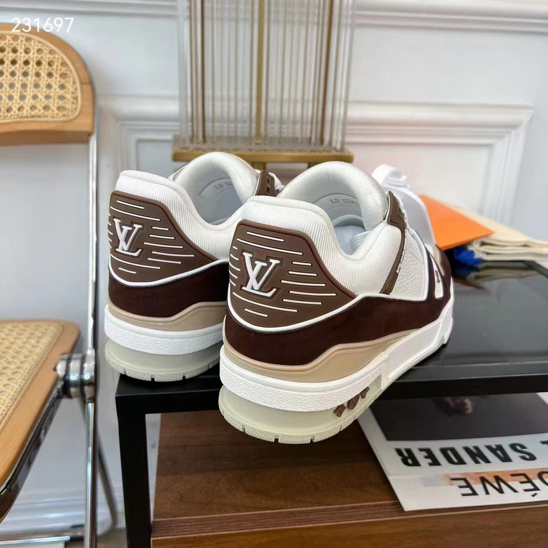 Louis Vuitton Unisex LV Trainer Sneaker Moka Brown Nubuck Calf Leather Grained Calf Leather