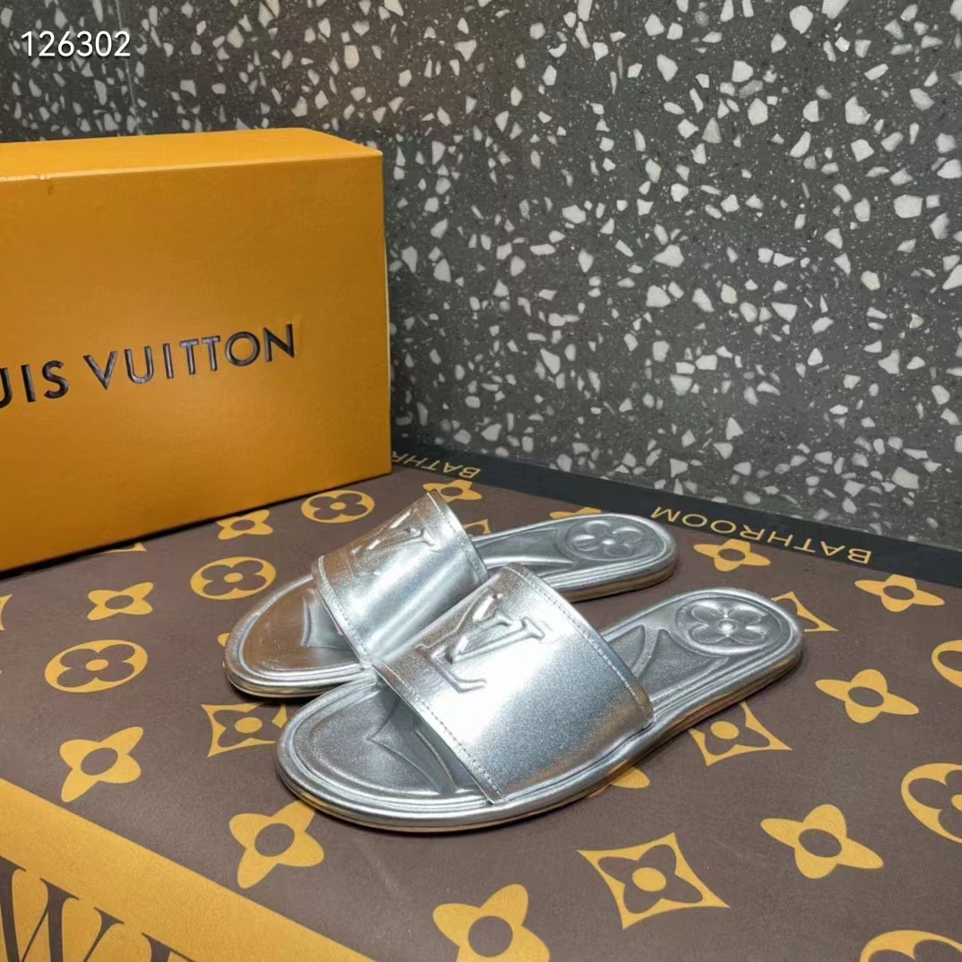 Louis Vuitton LV Women Magnetic Flat Mule Silver Lambskin Leather Outsole