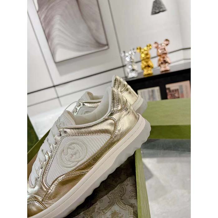 Gucci Unisex GG MAC80 Sneaker Metallic Gold Leather Interlocking G Embroidery Round Toe Rubber Flat