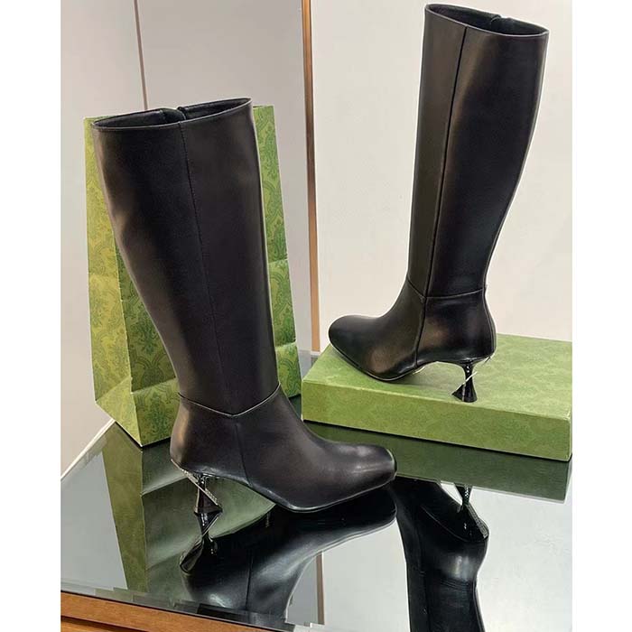 Gucci Women GG Boot Black Leather Geometric Heel Metal Inserts Mid-Heel