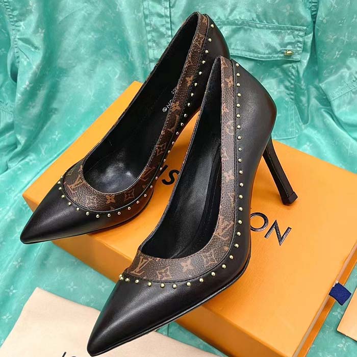 Louis Vuitton LV Women Signature Pump Black Calf Leather Patent Monogram Canvas 9.5 Cm Heel