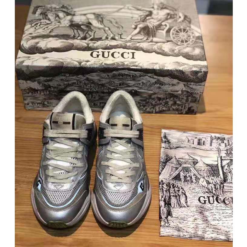 Gucci Unisex Ultrapace Sneaker with Embroidered Gucci and Interlocking G in Metallic Leather-Silver