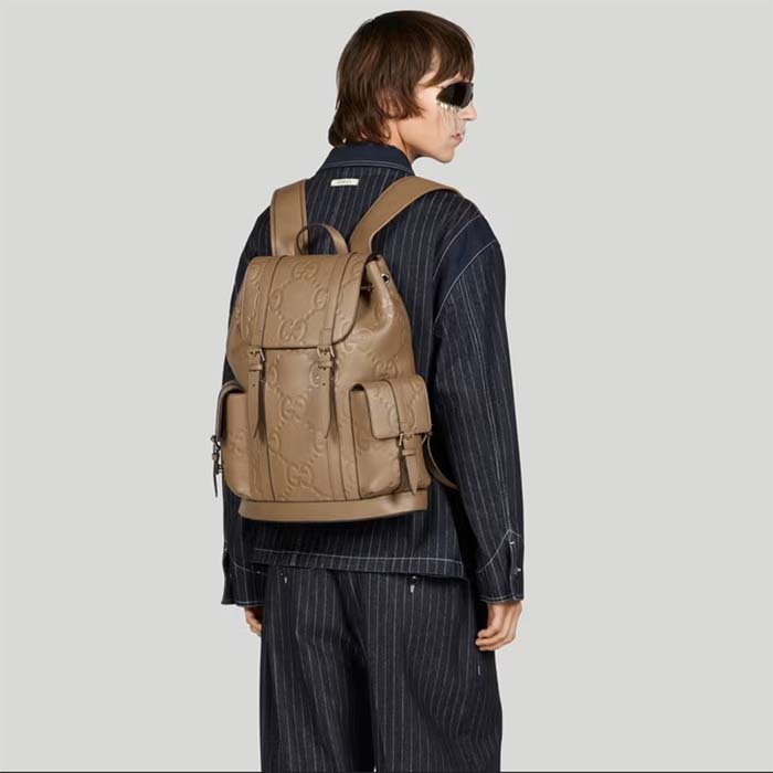Gucci Unisex Jumbo GG Backpack Taupe Leather Cotton Linen