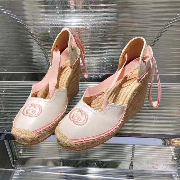 Gucci Women Espadrille Ribbon Tie Interlocking G Embroidery White Cotton Canvas Peep Toe