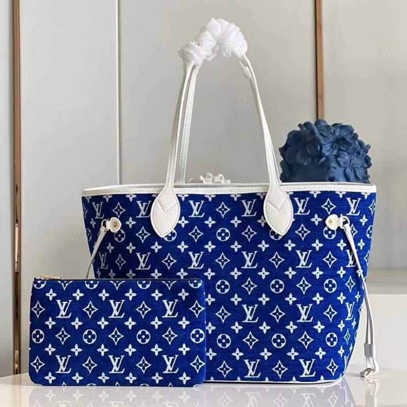 Louis Vuitton Women Neverfull MM Tote Blue Monogram Jacquard Velvet Cowhide Leather