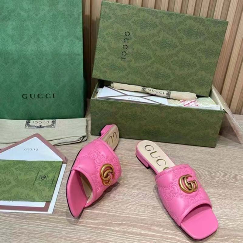 Gucci Women GG Matelassé Slide Sandal Bright Pink Double G Square Toe Flat