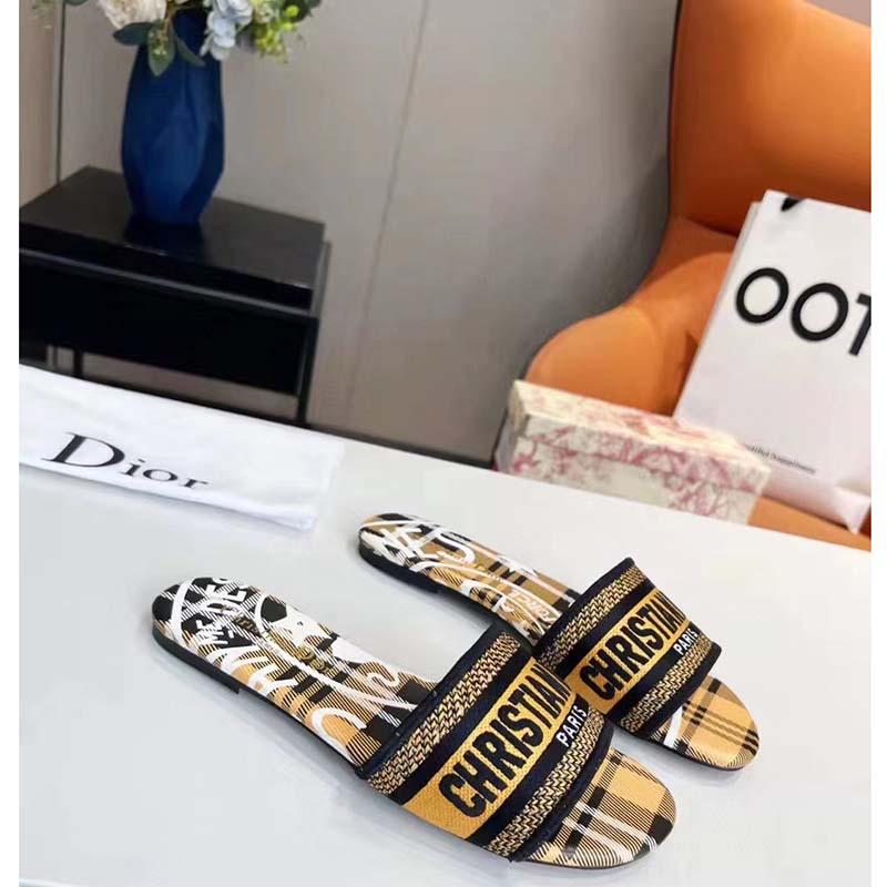 Dior Women Shoes CD Dway Slide Yellow Black Check’n’Dior Embroidered Cotton