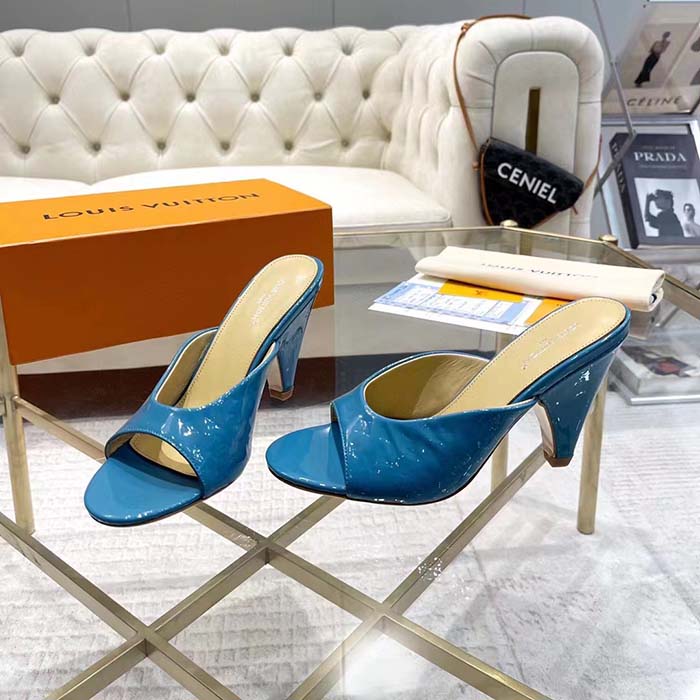 Louis Vuitton LV Women Super Mule Azure Blue Monogram-Debossed Patent Calf Leather 10 CM Heel