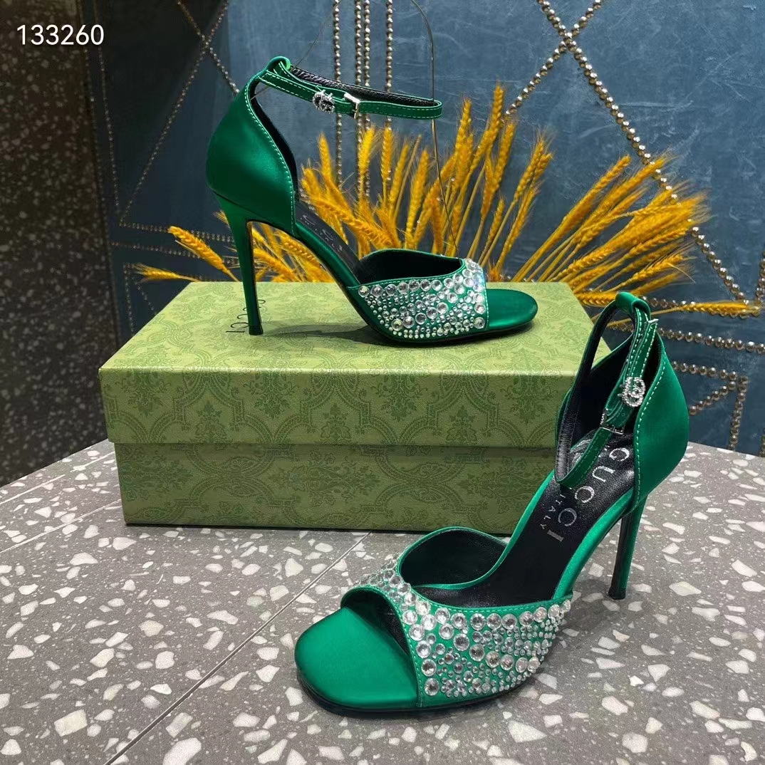 Gucci Women GG Mid-Heel Sandals Crystals Emerald Green Satin 11 CM Heel Double G