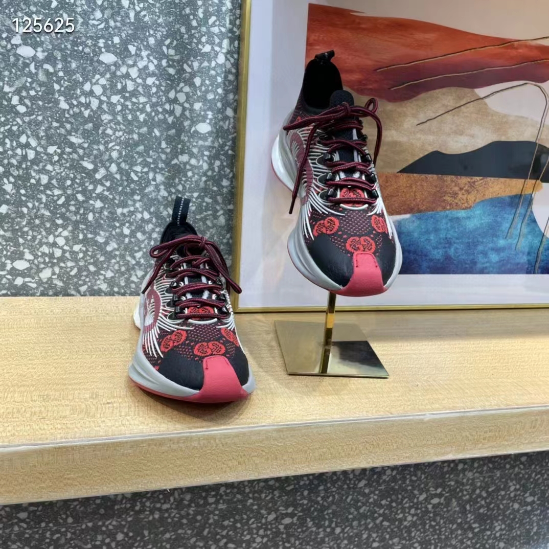 Gucci Unisex Run Sneaker Black Red GG Technical Knit Fabric Interlocking G Rubber