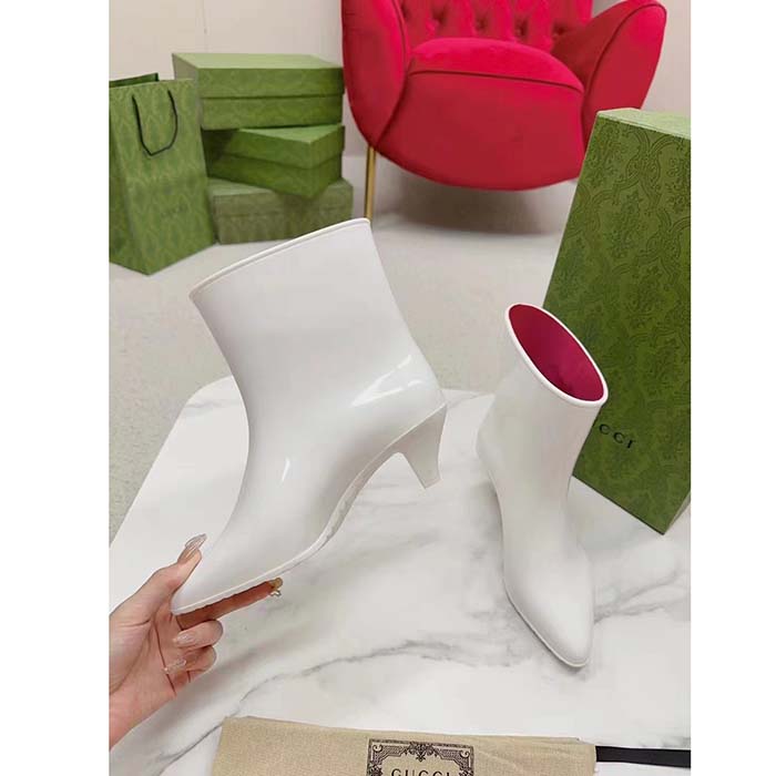 Gucci Women Interlocking G Ankle Boot White Shiny Rubber Matte Point Toe Low-Heel