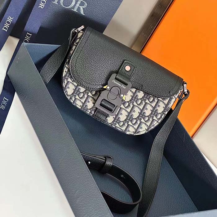 Dior Unisex CD Saddle Pouch Strap Beige Black Oblique Jacquard Black Grained Calfskin