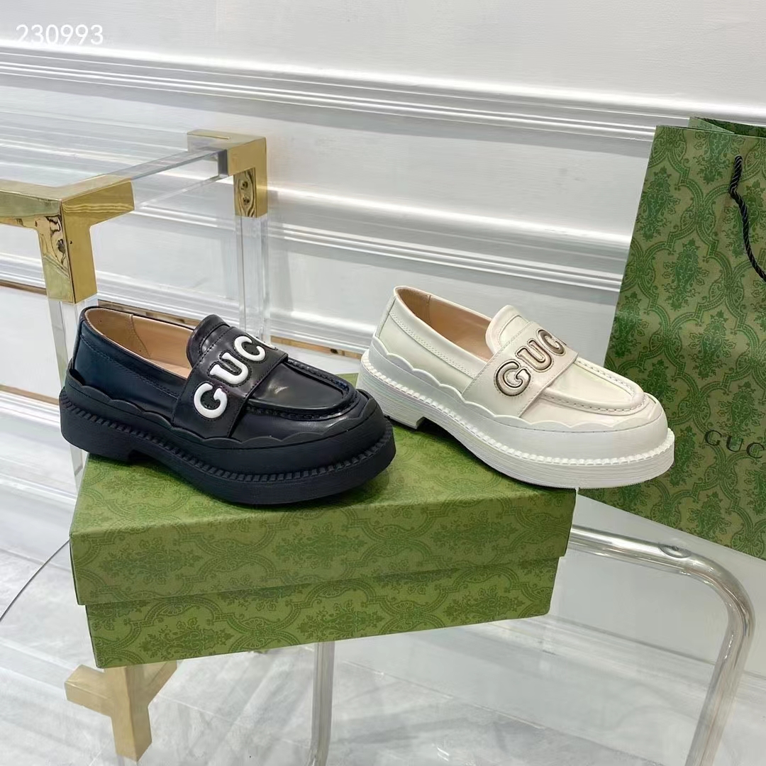 Gucci GG Women Gucci Loafer White Metallic Leather Scalloped Script Rubber Sole Mid-Heel