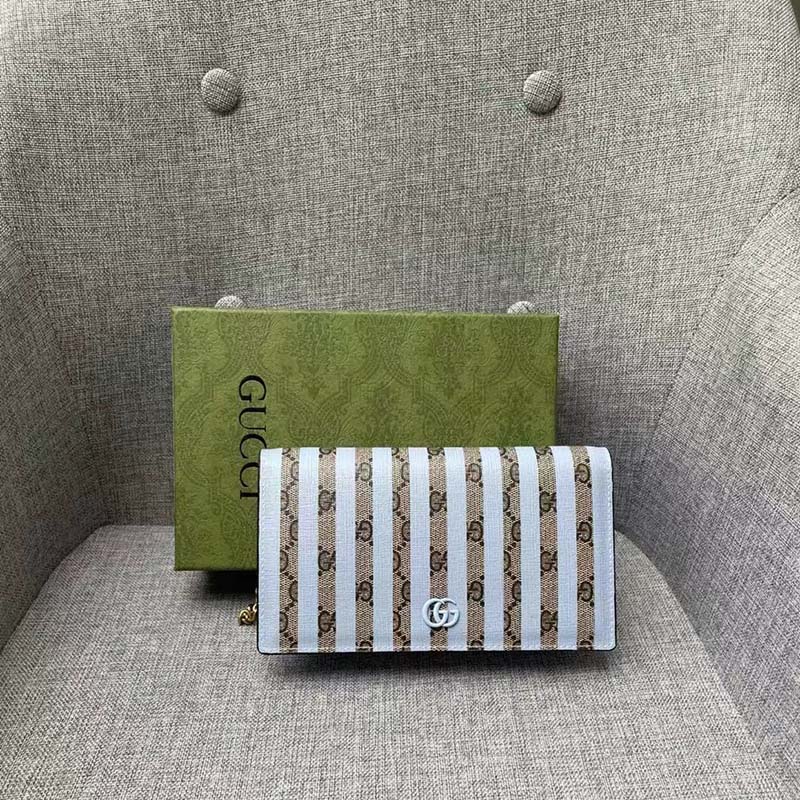 Gucci Women Double G Mini Bag Chain Blue Stripe Print Beige Ebony GG Supreme Canvas