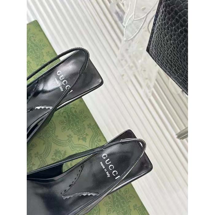 Gucci Women GG Slingback Pump Black Leather Interlocking G Square Upper Mid-Heel