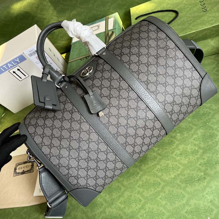 Gucci Unisex Savoy Large Duffle Bag Grey Black GG Supreme Canvas Double G