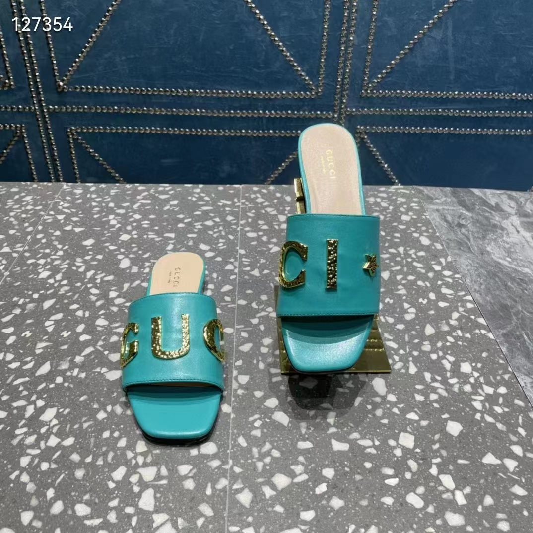 Gucci Women GG Slide Sandal Turquoise Leather Textured Logo Star Flat 1 Cm Heel
