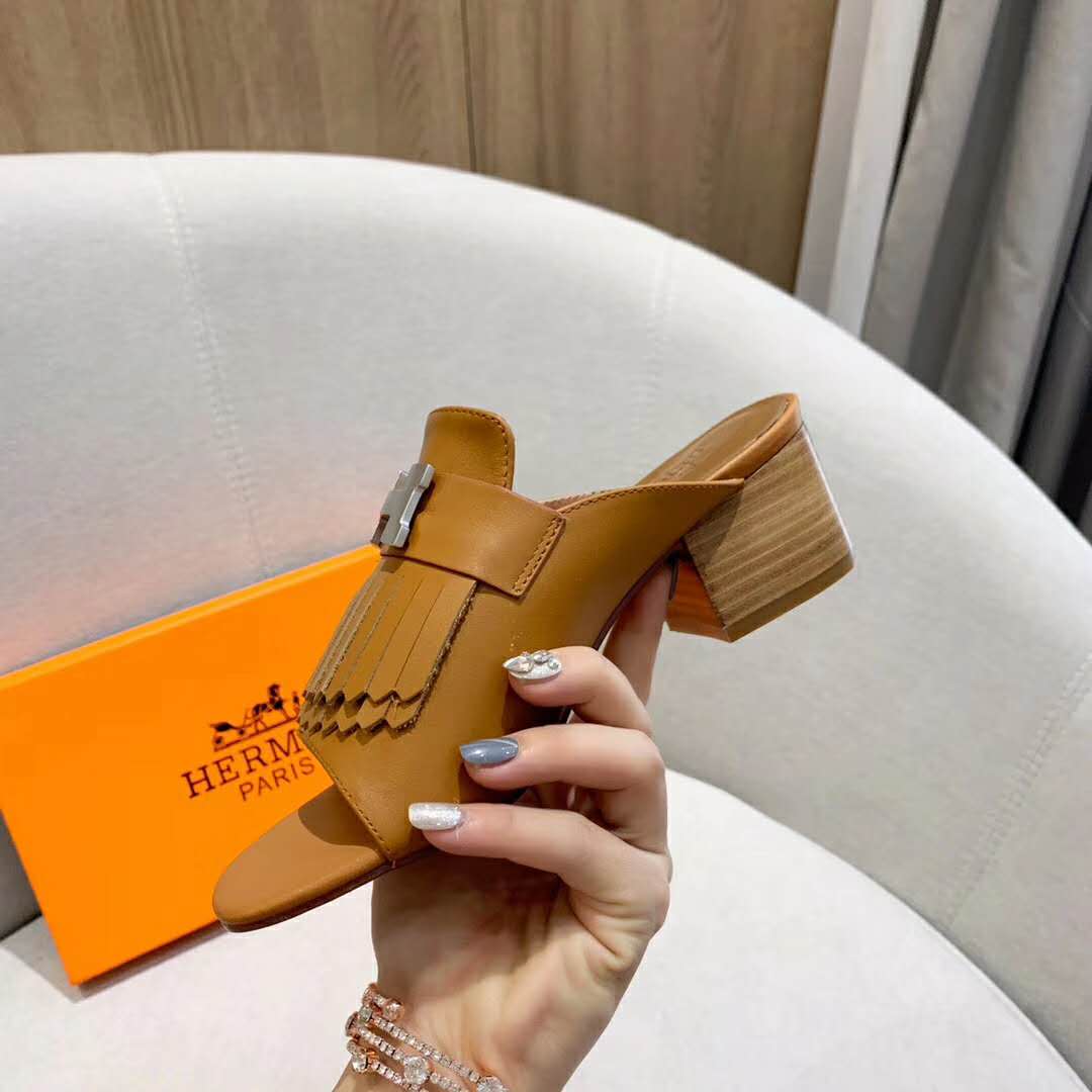 Hermes Women Alma Sandal Calfskin Fringe Detail Palladium Plated “H”-Brown