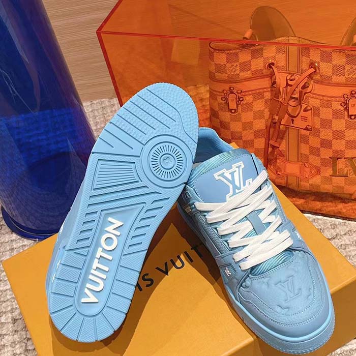 Louis Vuitton Unisex LV Trainer Sneaker Blue Monogram-Embossed Grained Calf Leather