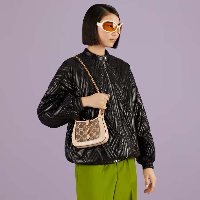 Gucci Women GG Jackie 1961 Mini Crystal GG Lizard Bag Powder Pink Mesh