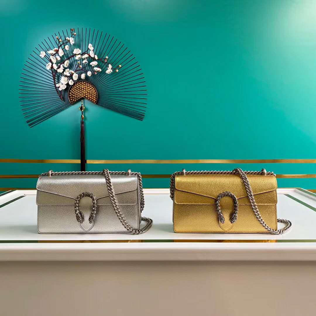 Gucci Women Dionysus Small Shoulder Bag Shiny Lamé Leather Tiger Head