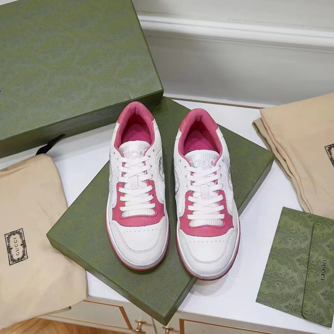 Gucci Unisex GG MAC80 Sneakers Off White Pink Leather Round Toe Rubber Flat