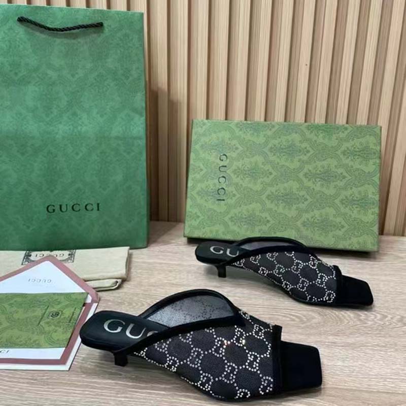 Gucci Women GG Sandal Pump Black Mesh GG Crystals Mid 8 cm Heel