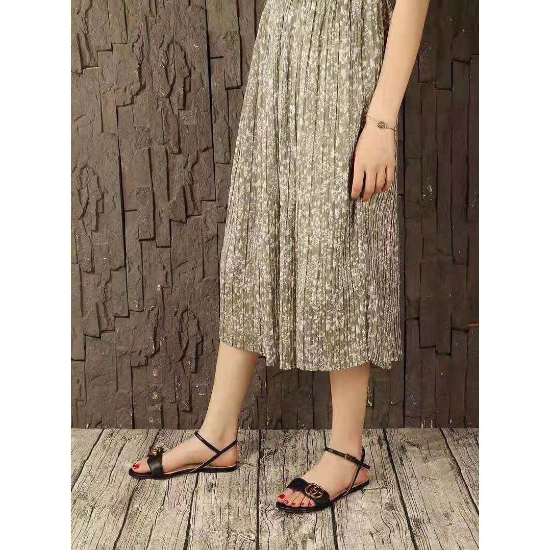 Gucci Women Leather Sandal with Double G-Black