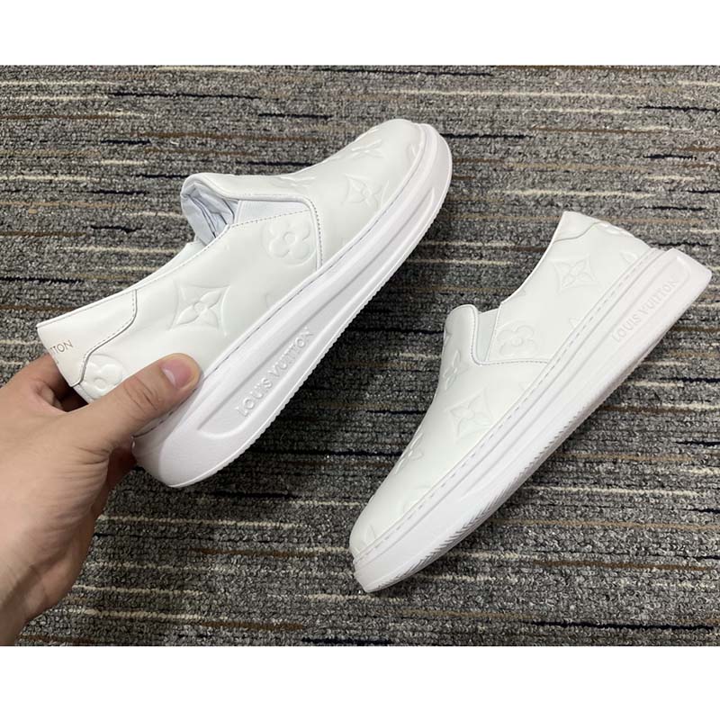 Louis Vuitton LV Unisex Beverly Hills Slip-On Sneaker White Monogram Embossed Calf Leather
