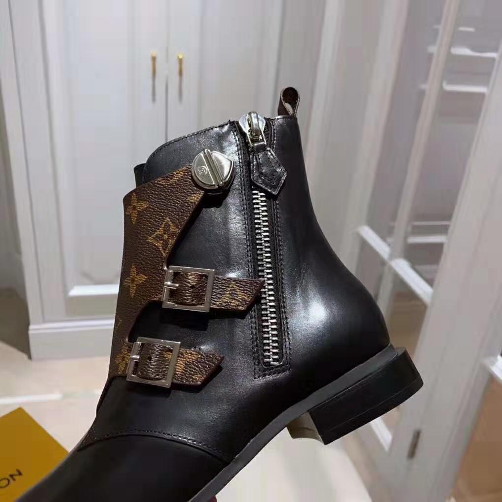 Louis Vuitton LV Women Jumble Flat Ankle Boot in Calf Leather and Patent Monogram Canvas-Black