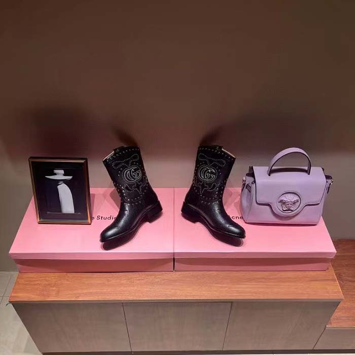 Gucci Women GG Boot Double G Embroidery Studs Black Leather Low 3.6 CM Heel