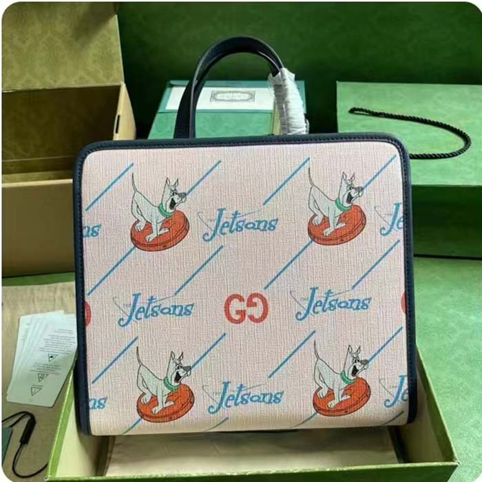Gucci Unisex Printed Tote Bag GG The Jetsons Print Pink Blue Supreme Canvas