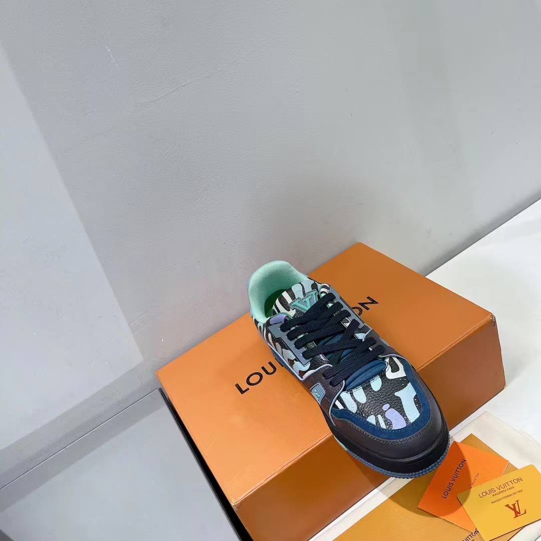 Louis Vuitton Unisex LV x YK LV Trainer Sneaker Navy Blue Camouflage-Printed Canvas Grained Calf