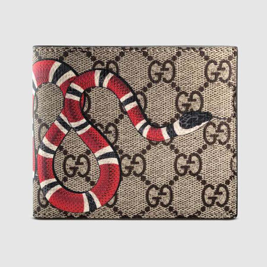 Gucci GG Men Kingsnake Print GG Supreme Wallet in Beige/Ebony GG Supreme Canvas