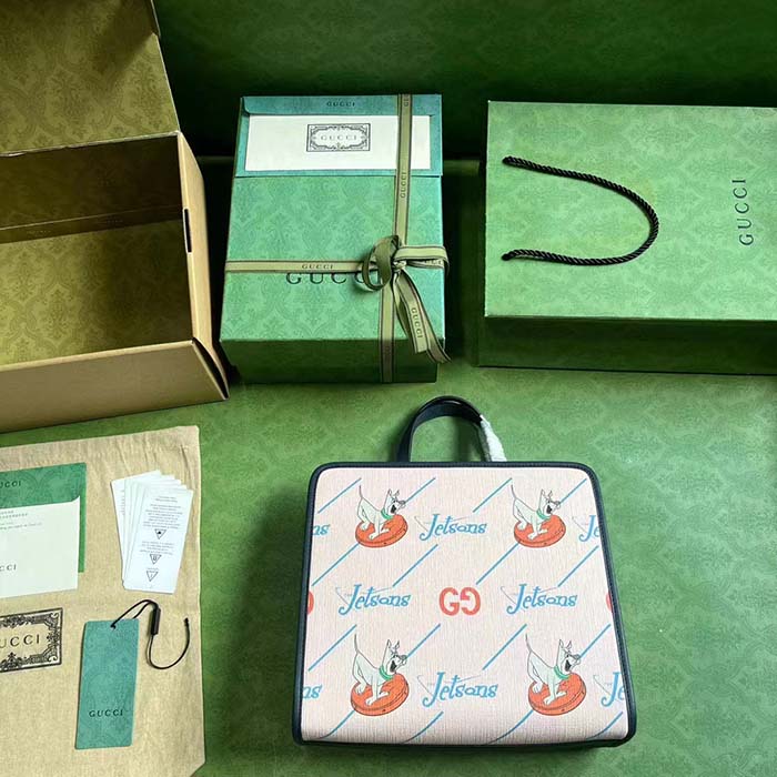 Gucci Unisex Printed Tote Bag GG The Jetsons Print Pink Blue Supreme Canvas