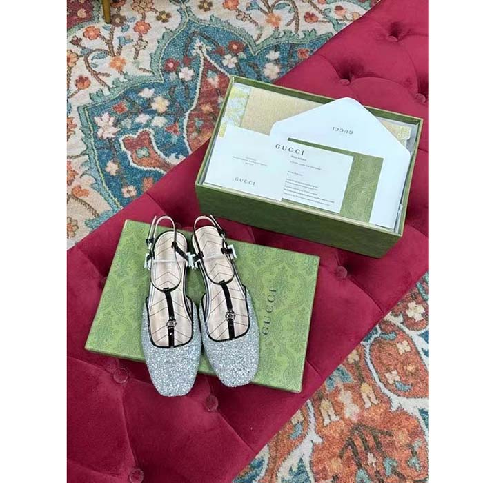 Gucci Women GG Double G Ballet Flat Black Glitter Leather Square Toe 1.5 CM Heel
