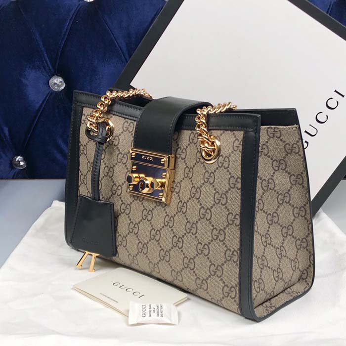 Gucci Women Padlock Small GG Shoulder Bag Beige Ebony GG Supreme Canvas Black Leather