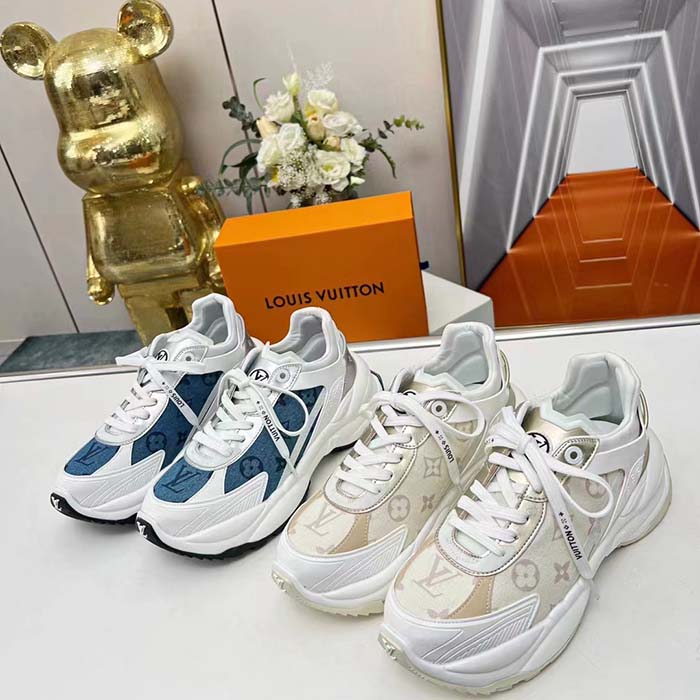 Louis Vuitton LV Unisex Run 55 Sneaker Beige Monogram Denim Lifted Rubber Outsole
