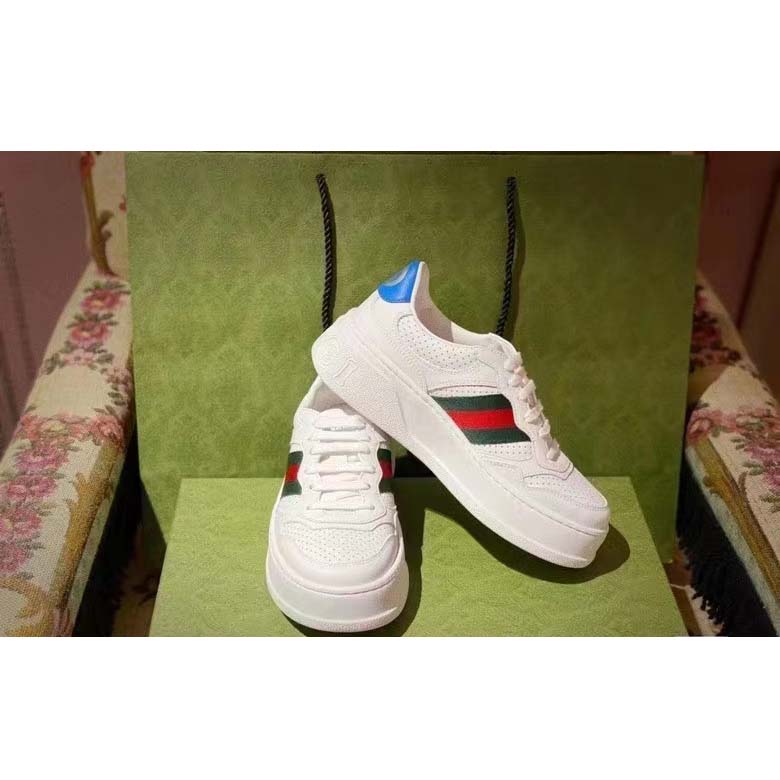 Gucci Unisex Sneaker Web White Leather Green Red Web Lace Up Flat