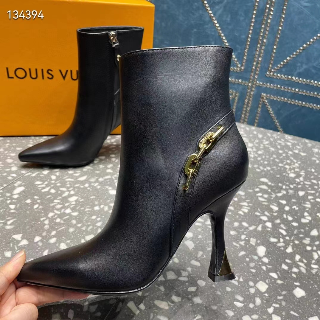 Louis Vuitton LV Women Sparkle Ankle Boot Black Lamb Leather Side Zip 9.5 CM Heel