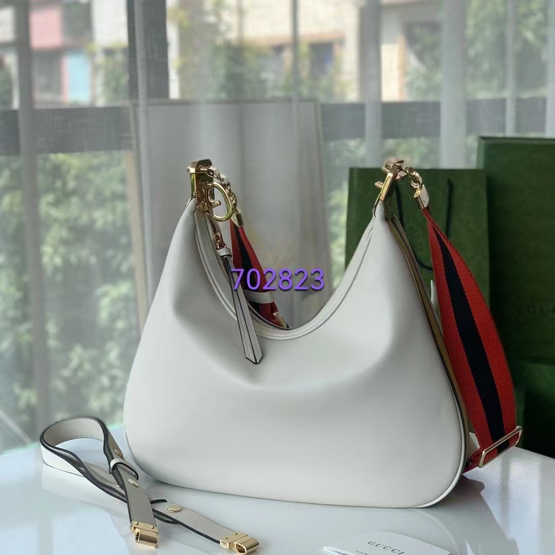 Gucci Women GG Attache Large Shoulder Bag White Leather Green Yellow Web