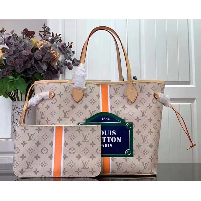 Louis Vuitton LV Unisex Neverfull MM Beige Ocher Monopaname Coated Canvas Cowhide Leather